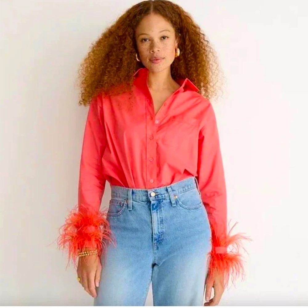 Feather-trim cotton poplin button-up shirt with collar- J CREW